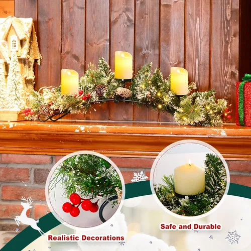 Vista 3 de 4 piezas de centro de mesa navideño con 3 portavelas navideños, luces LED de cadena tipo hadas, a pilas, bayas rojas artificiales, piñas para cocina
