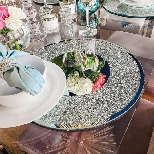 Vista 5 de Regent - Cargador redondo, único, dramático, servidor de plato de cena con espejo de vidrio, para mesas de comedor formales, eventos, bodas, plata