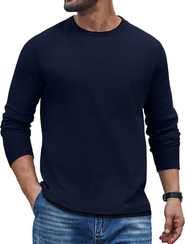Vista 13 de COOFANDY Camisetas de manga larga para hombre, de algodón, con cuello redondo, con ribete de contraste Gris claro + ribete blanco