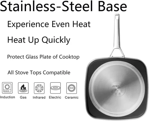 Vista 5 de MsMk - Sartén cuadrada con tapa de 9.5 pulgadas, sartén de parrilla antiadherente de titanio y cerámica, mango Stay-Cool, compatible con todas