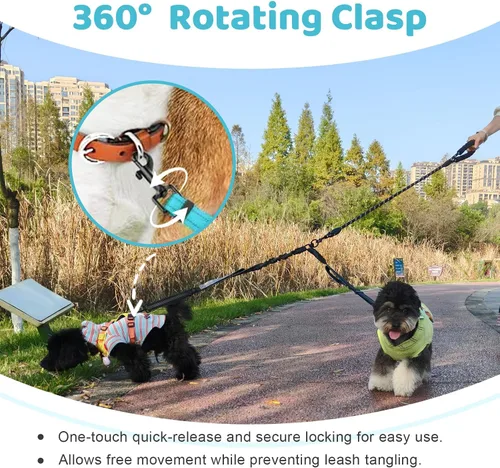 Vista 4 de Correa doble para perro, divisor sin enredos para dos perros, acoplador con cuerda de plomo larga ajustable, asas de control dual, elástico