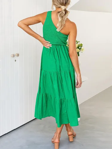 Vista 5 de ANRABESS - Vestido largo bohemio de verano con un hombro, sin mangas, fruncido, con vuelo, escalonado, para fiesta en la playa