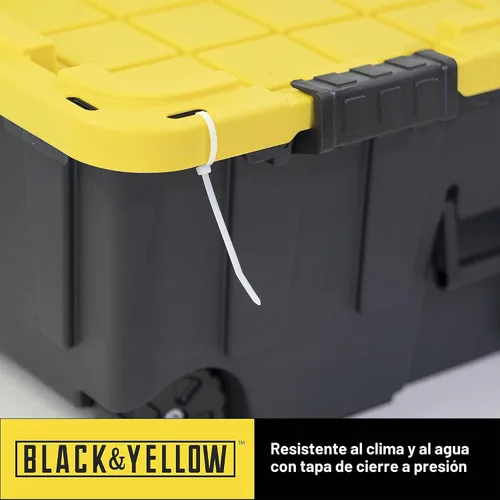 Vista 4 de Caja resistente negro y amarillo, 20 galones con ruedas, interior/exterior, resistente (paquete de 2)