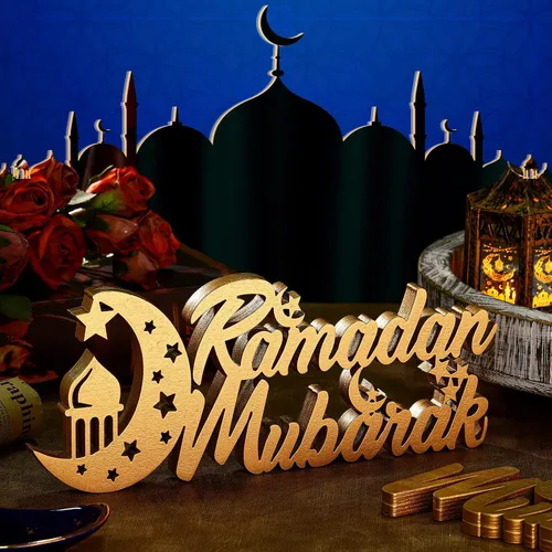 Vista 6 de Letrero de madera de Ramadán Mubarak de 2 piezas, decoración de mesa de madera, estrella luna, mezquita islámica, centro de mesa para decoración