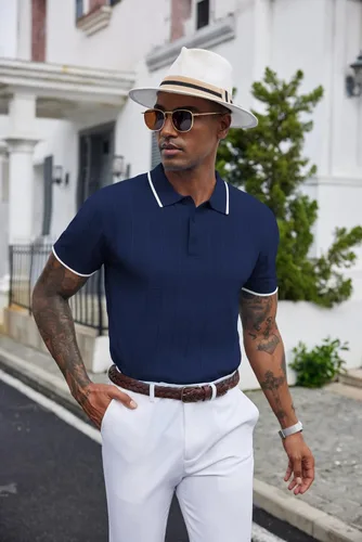 Vista 59 de COOFANDY Camisas polo de punto para hombre de manga corta con textura acanalada Camisas de golf casuales y ligeras con cuello Camiseta de polo