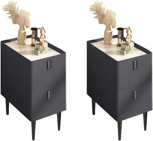 Vista 7 de Mesita de noche moderna de madera maciza con almacenamiento de 2 cajones, parte superior de mármol, práctica mesa auxiliar auxiliar para dormitorio