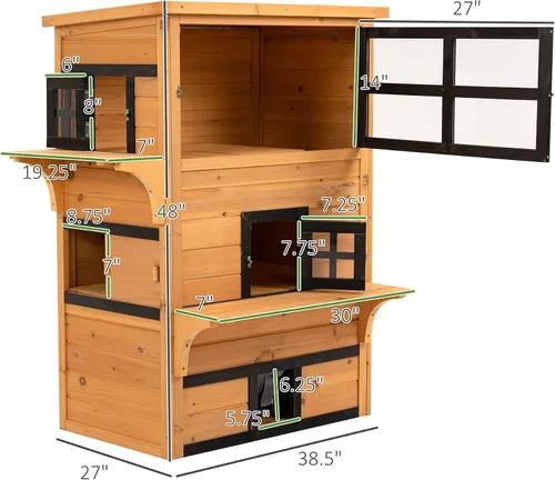 Vista 3 de 3-Tier Modular Cat House: Asphalt Roof, Lifted Floor, Escape Door + Jump Platforms, Yellow/Black Finish, 38.5x27x48in, Fir Construction, 10lb