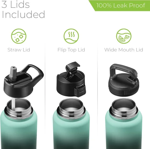 Vista 109 de SIPX™ Botella de Agua Aislada de 18 oz con 3 Tapas – Acero Inoxidable a Prueba de Fugas, Triple Aislamiento – Frío 24 Horas/Caliente 12 Horas – Negro
