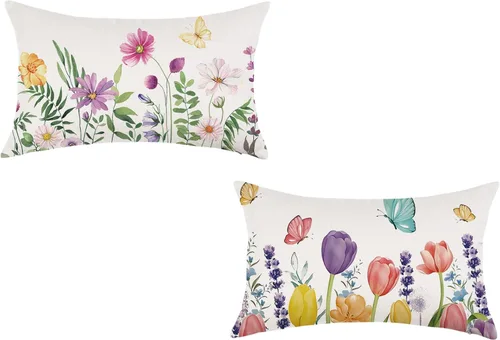 Vista 7 de ONWAY Juego de 2 fundas de almohada florales de primavera de 12 x 20 pulgadas, fundas de almohada lumbares decorativas con flores moradas y Morado