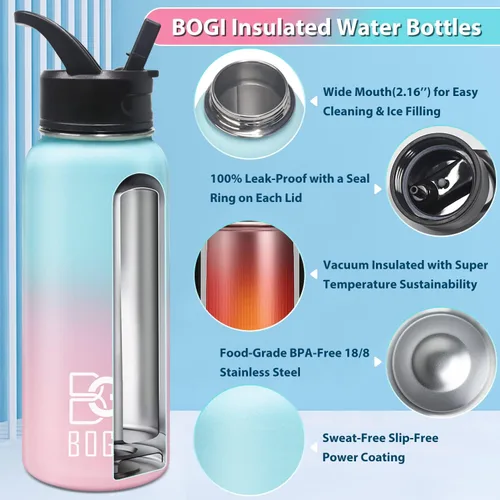 Vista 3 de BOGI Botella de agua aislada de 40 onzas, botella de agua de acero inoxidable al vacío de doble pared con popote y 3 tapas, a prueba de sudor