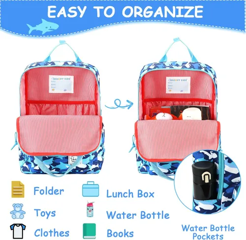 Vista 5 de VASCHY - Mochila para niños y niñas de 3 a 6 años, mochila preescolar ligera para niños con correa para el pecho Tiburones azules