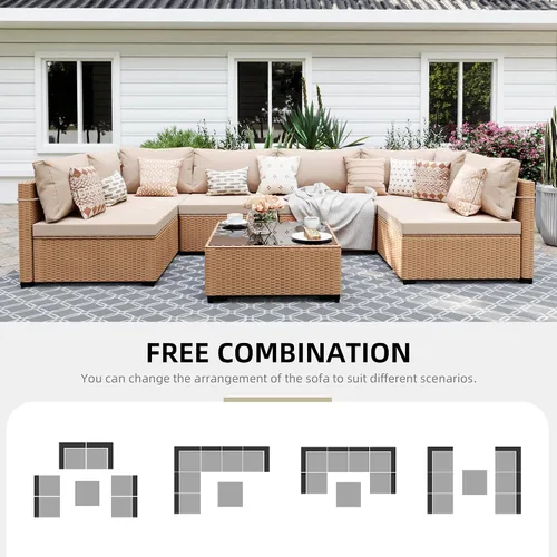 Vista 4 de UPHA Juego de muebles de mimbre para patio de 7 piezas con mesa auxiliar Cojín de ratán beige y beige