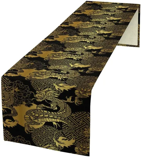 Vista 39 de Camino de mesa de dragón chino, Asia mitológico abstracto, camino de mesa para cocina, comedor, boda, fiesta, vacaciones, 13 x 36 pulgadas