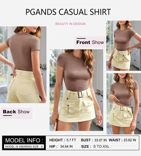 Vista 4 de PGANDS Camiseta corta de manga corta de verano para mujer, cuello redondo, básica, lisa, Y2K, ajustada