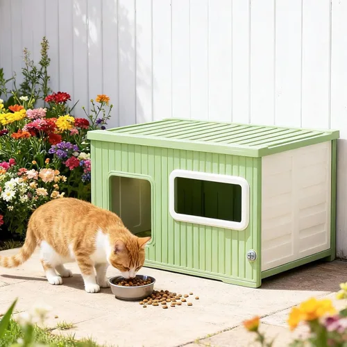 Vista 6 de Casa resistente a la intemperie para gatos al aire libre con ventanas, refugio elevado de plástico impermeable para gatos, casa para mascotas
