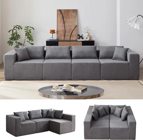 Vista 13 de Anwick Sofá modular en forma de L de 117 pulgadas, moderno sofá modular de pana con otomana movible de 5 asientos, sofás seccionales convertibles