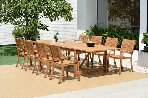 Vista 17 de Brampton Patio Brampton Coventry - Juego de comedor rectangular de 5 piezas, acabado de teca oscura y sillas apilables, ideal para patio y exteriores