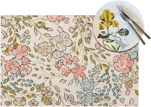 Vista 5 de Juego de 4 manteles individuales florales de 12 x 18 pulgadas, diseño de flores silvestres, acuarela, lavables, manteles decorativos de tela de lino