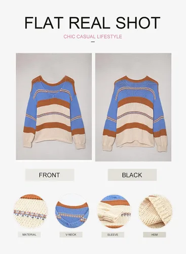 Vista 3 de EVALESS Suéter de punto a rayas de gran tamaño con cuello en V para mujer, suéter casual suelto de manga larga con bloques