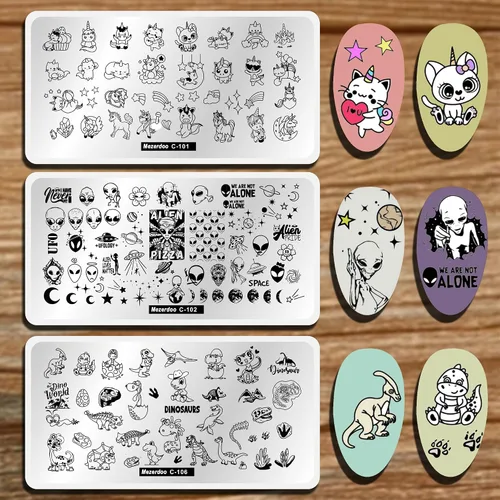 Vista 2 de Placas de sello de uñas de dinosaurios alienígenas, placa de estampación de uñas de estrella, luna, unicornio, gato, caballo, animales de dibujos