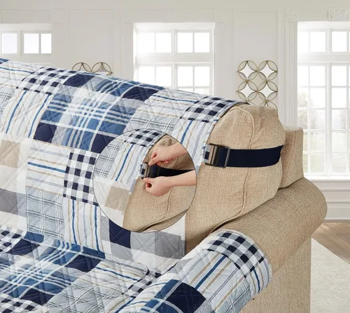 Vista 3 de Brilliant Sunshine Blue Plaids & Stripes - Funda para sillón de sofá, asiento de 23 pulgadas Patchwork Design, Non Slip Sofa Cover, Quilted