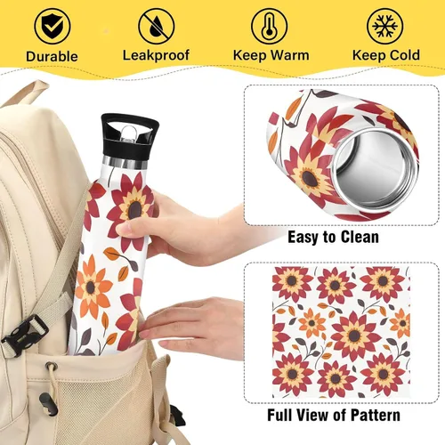 Vista 4 de Flowers Vacuum Insulated Sports Water Bottle Keeps Hot and Cold with Straw Leakproof BPA Free for Gym Sports 08