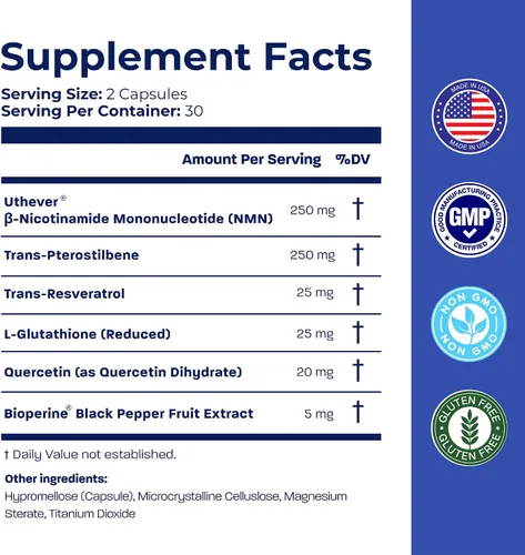 Vista 7 de BONE SCIENCE Uthever NMN & Pterostilbene Complejo 6 en 1 con resveratrol, glutatión y bioperina, precursor estabilizado de NAD+ de alta pureza
