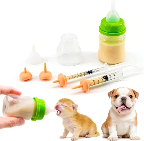 Vista 7 de Juego de biberón y jeringa para mascotas para cachorros y gatitos (1 botella, 2 jeringas, 6 pezones), azul