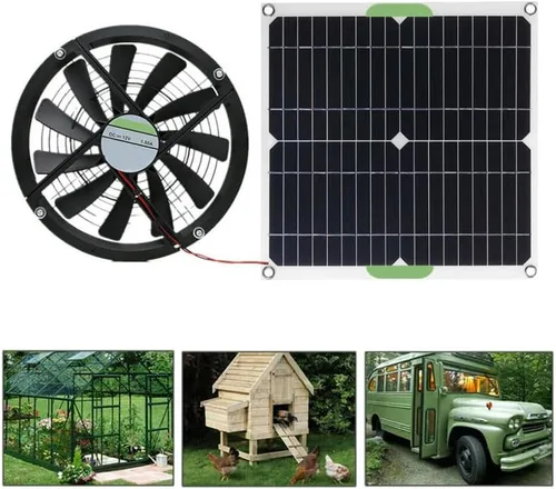 Vista 2 de VIGAN Ventilador con panel solar de 100 W, mini ventilador de escape solar de 10 pulgadas para perro, casa de pollo, invernadero, cargador