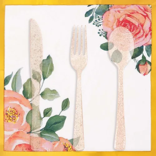 Vista 5 de Juego de 350 platos de papel floral, platos desechables con borde dorado para 50 invitados, suministros de fiesta para adultos, jardín, fiesta