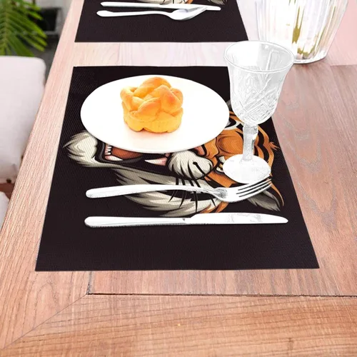 Vista 3 de 6 PCS PVC Placemats Set Place Mats Big Mouth Tiger Non-Slip Weave Place Mats 12" x 18" Farmhouse Table Mat Set for Family Dinners Wedding Parties