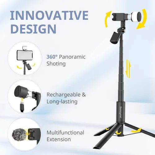 Vista 4 de Sensyne Palo selfie con luz, trípode para teléfono con mango giratorio de 360° compatible con teléfonos celulares