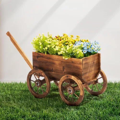Vista 17 de Juego de 3 cajas de flores de madera para exteriores, macetas de barril de madera de acacia duraderas para plantas al aire libre con asas