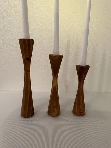 Vista 4 de Portavelas grandes y cónicos Geo de madera, candelabros cónicos y moderno candelabro decorativo para mesa, mantel de boda, fiesta, regalo