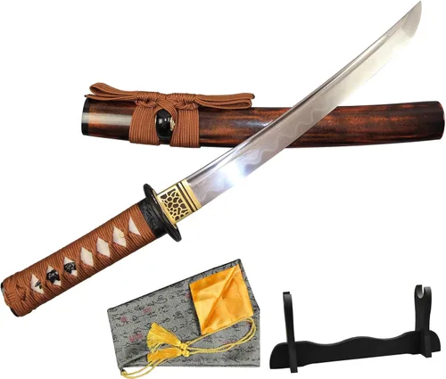 Vista 8 de Tanto Japonés Hecho a Mano de Acero Damasco Templado en Arcilla Espada Katana Corta Afilada de 20 Pulgadas