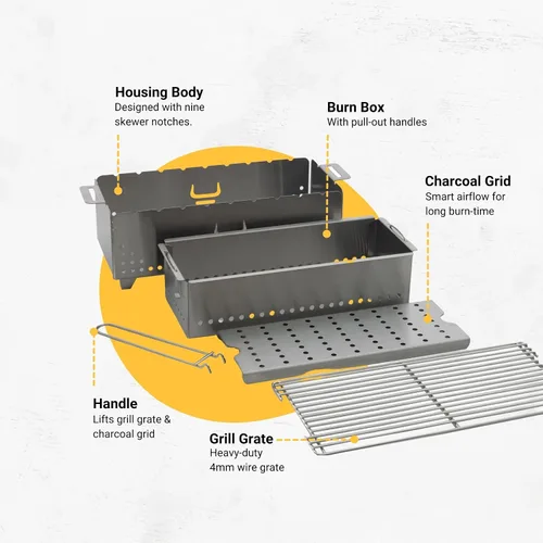 Vista 3 de Parrilla portátil de mesa de carbón, YAK Grills Hibachi, 100% de acero inoxidable, parrilla a 750ºF, para patio, balcón. Área de parrilla de 15”x7”.