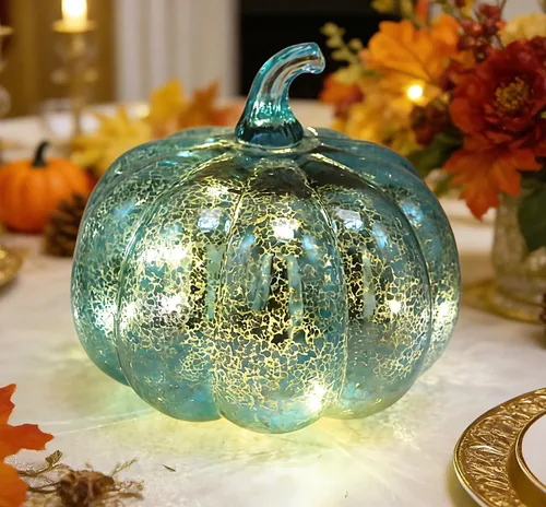 Vista 5 de Mercury Glass Pumpkin Light with Timer, with 10 Fairy Lights Inside,Battery Operated Led Pumpkin Light,Ideal for Halloween Fall Decoration