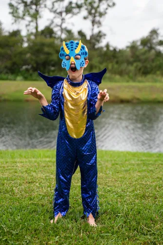 Vista 7 de ReliBeauty Disfraz de dragón azul para niños y niñas, disfraz de Halloween