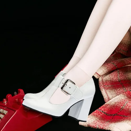 Vista 5 de FOWT Zapatos de tacón alto grueso con punta cuadrada cerrada para mujer, con correa en T, zapatos de tacón alto grueso para oficina, talla 4-16 M