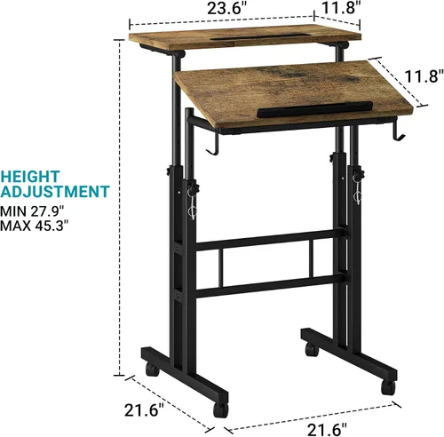 Vista 3 de Klvied Escritorio móvil rodante con soporte para tazas, portátil, altura ajustable, pequeño escritorio de pie con ruedas para oficina en casa, Roble