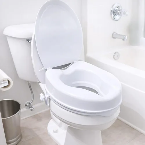 Vista 2 de HealthSmart Elevador de asiento de inodoro elevado con bloqueo para personas mayores, elevación de 4 pulgadas con tapa, se adapta a inodoros