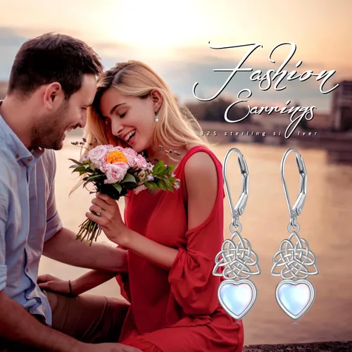 Vista 97 de Aretes colgantes de filigrana de plata de ley 925, margarita, loto, flor de rosa, piedra lunar, lágrima para mujer, nudo celta infinito, margarita