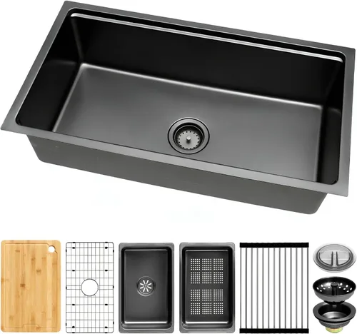 Vista 15 de MILOSEN Fregadero de cocina bajo encimera, fregadero de estación de trabajo de acero inoxidable negro metálico de 30×18 pulgadas, fregaderos