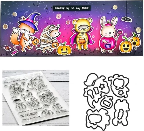 Vista 10 de Juego de sellos y troqueles de Halloween Witch Happy Haunting para hacer tarjetas, sellos transparentes y troqueles de corte de metal para álbumes 01