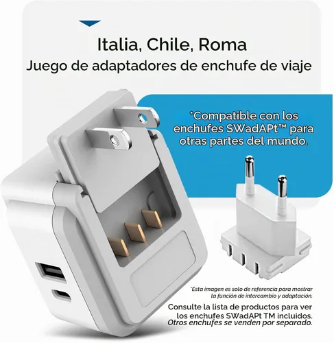 Vista 4 de Ceptics - Juego de adaptadores de enchufe de viaje para Chile, Roma, Italia, adaptador de enchufe para Chile USB-USB-C 20W PD-QC 18W, 2 tomas
