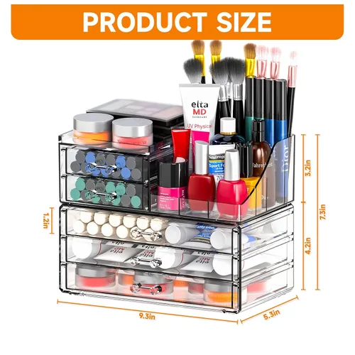Vista 3 de Organizadores de maquillaje acrílicos transparentes y almacenamiento para tocador, organizador de cuidado de la piel para baño con 5 cajones