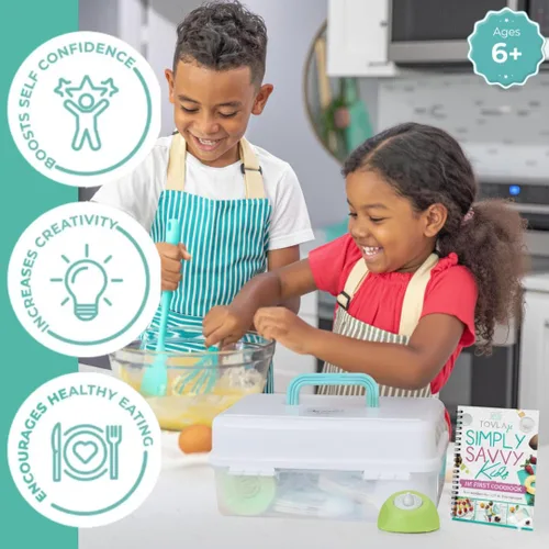 Vista 3 de Juego de regalos definitivo para cocinar y hornear Tovla JR para niños Cuchillos seguros para niños Montessori, delantal, libro de cocina visual