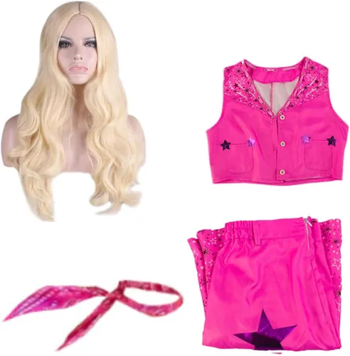 Vista 7 de TODFIY Disfraz de heroína de la película para adultos, vestido rosa, pantalón acampanado rosa, disfraz de Halloween para mujeres y niñas con peluca