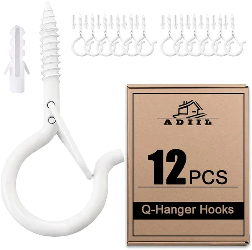 Vista 14 de ADIIL 12 ganchos Q con hebilla de seguridad, ganchos de tornillo resistentes al viento para colgar luces de cadena al aire libre, plantas, luces