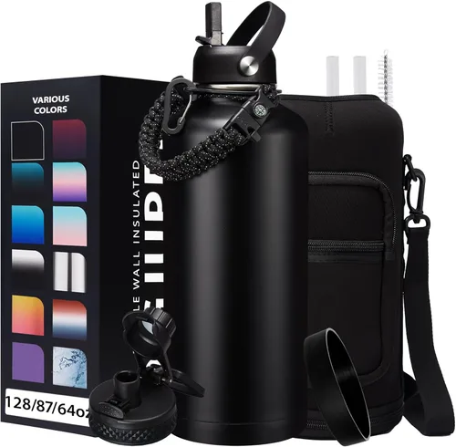Vista 55 de Botella de agua aislada de 1 galón, con popote y tapa de pico automático, mango de paracord, funda para botella, botella de agua de acero inoxidable
